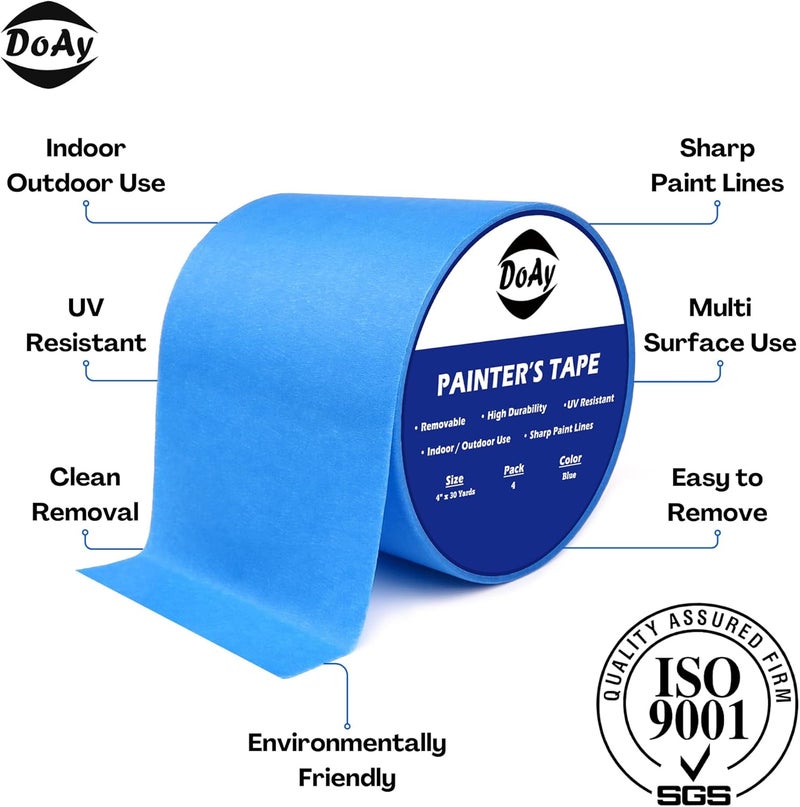DOAY Blue Painters Tape 4 Inches x 30 Yards - Multi Surface Use - 120 Yards Total - 4 Rolls - Image 2